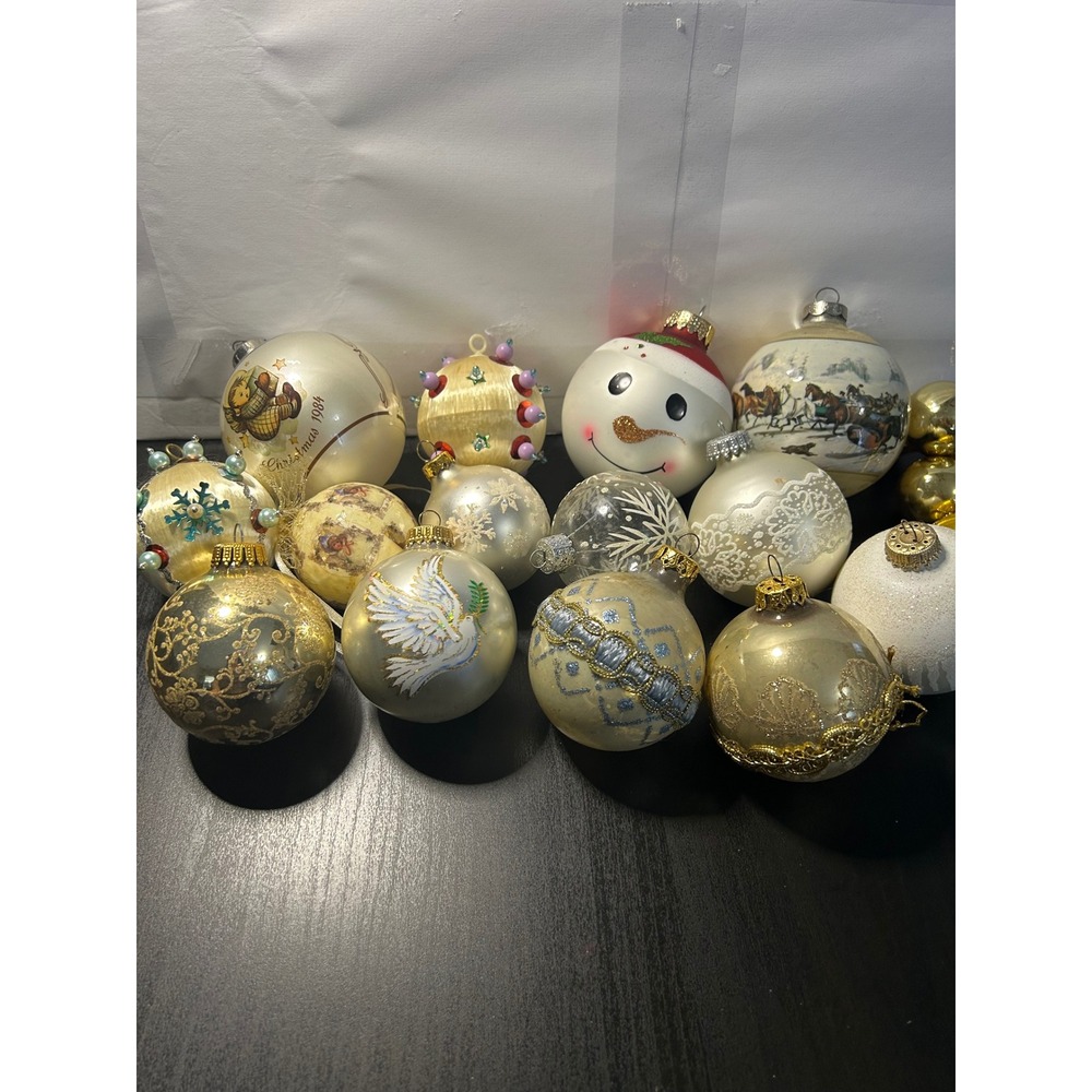 Christmas Ornaments Bulk Lot Vintage Glass Satin Snowman Dove Angels Gold White